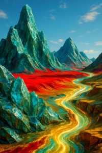 Ein goldener Strom schlängelt sich durch eine surreale Landschaft. Türkisblaue Berge ragen in den Himmel, und rotes Gestein leuchtet wie Glut. Die Szene wirkt wie eine Vision von einem fremden Planeten.