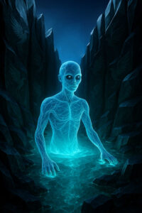 Ein transluzentes, blau leuchtendes Wesen taucht aus einem dunklen Wasserbecken auf. Sein Körper ist von feinen Lichtadern durchzogen, und seine schwarzen Augen starren ausdruckslos. Die hohen Felswände rechts und links verstärken die geheimnisvolle Stimmung.