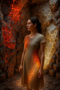 Eine Frau steht in einem Raum aus Fels, der von roten und goldenen Linien durchzogen ist. Die Lichtmuster setzen sich auf ihrem Kleid fort und verbinden sie mit ihrer Umgebung. Das Bild wirkt wie eine stille Initiation oder ein Moment der Erkenntnis.