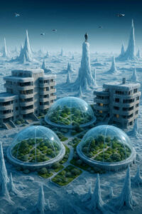 In einer vereisten Welt stehen mehrere Glaskuppeln, die üppiges, grünes Leben enthalten. Zwischen ihnen verbinden sich verschneite Wege, während im Hintergrund zwei Gebäude von Frost überzogen sind. Eine einzelne Figur steht auf einem hohen Eisturm und überblickt die Landschaft.