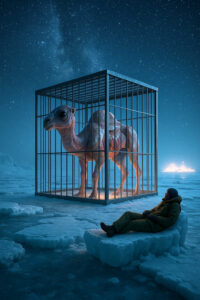 Auf einer endlosen Eisfläche liegt ein Mann und blickt auf ein haarloses, skelettartiges Kamel, das in einem Käfig steht. Das kalte Licht der Sterne verstärkt die melancholische und surreale Atmosphäre. In der Ferne glüht eine geheimnisvolle Lichtquelle.