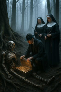 Ein Mann in Anzug kniet vor einer alten Metalltruhe, die geheimnisvoll leuchtet, während ein skelettierter Roboter daneben sitzt. Zwei Nonnen stehen im Hintergrund, ihre Gesichter ernst und wachsam. Die Szenerie im dichten Nebel des Waldes wirkt wie der Beginn eines düsteren Rätsels.