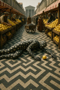 Auf einem Marktplatz voller Zitronen liegt eine schwarz-weiß gemusterte Gestalt reglos am Boden. Die Passanten scheinen ungerührt, während die Geometrie des Bodens und die Symmetrie der Stände eine surreale Atmosphäre schaffen.