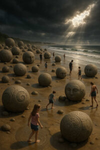 Dutzende riesige Steinkugeln mit eingemeißelten Gesichtern liegen an einem Strand. Kinder und Erwachsene gehen barfuß dazwischen umher. Sonnenstrahlen brechen dramatisch durch die Wolken und beleuchten die geheimnisvolle Szenerie.