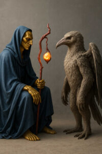 Ein in dunklen Stoff gehüllter, goldhäutiger Magier sitzt mit einem knorrigen Stab vor einem großen, majestätischen Vogel. Zwischen den beiden liegt eine unsichtbare Spannung, als ob sie uralte Geheimnisse austauschen. Die neutrale Kulisse lenkt den Blick ganz auf das mystische Zwiegespräch.