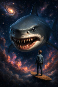 Ein Junge steht auf einem schwebenden Brett im Weltraum und blickt einem riesigen, bedrohlichen Hai ins Gesicht. Galaxien leuchten im Hintergrund, während der Hai in der Dunkelheit schwebt. Die Szene wirkt wie ein surreales Aufeinandertreffen von Mut und Urangst.