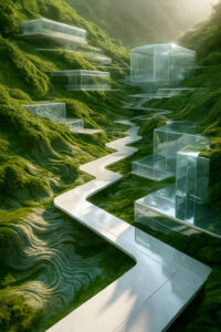 Futuristische, transparente Gebäude liegen verstreut an einem von Moos bedeckten Hang. Ein weißer, gezackter Pfad führt durch die Landschaft und reflektiert das weiche Sonnenlicht. Die Komposition wirkt wie eine friedliche Vision von Architektur im Einklang mit der Natur.