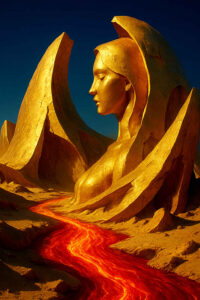 Eine riesige goldene Skulptur einer Frau, halb vergraben in der sengenden Einöde. Vor ihr fließt ein glühender Lavastrom wie eine brennende Lebensader.