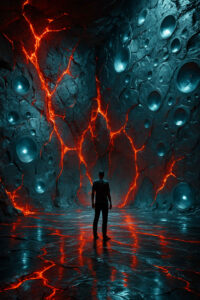 Eine Figur steht in einer Höhle, deren Wände von leuchtend roten Rissen durchzogen sind. Rundliche Vertiefungen in der Felswand wirken wie Augen oder Lautsprecher, die den Raum beobachten. Das Licht reflektiert auf dem glatten Boden und schafft eine surreale Atmosphäre.