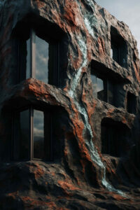 Ein Gebäude ist in eine Felswand eingebettet, deren Oberfläche von einer erstarrten Wasserader durchzogen wird. Die Fenster spiegeln den Himmel und bilden einen starken Kontrast zur rauen, mineralischen Textur. Das Haus wirkt wie aus der Erde selbst herausgewachsen.