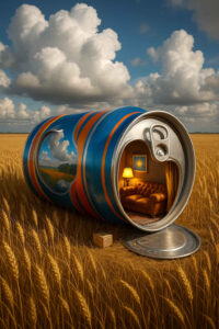 In einem endlosen Weizenfeld liegt eine riesige Getränkedose, deren Inneres zu einem gemütlichen Wohnzimmer umgebaut ist. Ein warmes Licht fällt auf ein Ledersofa und verleiht der Szene eine surreale Behaglichkeit. Die Wolken am Himmel wirken schwer und majestätisch, als würden sie über diese seltsame Oase wachen.