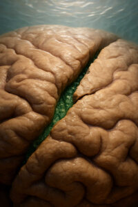 Nahaufnahme einer großen, hirnähnlichen Struktur, die von einem grünen Riss geteilt wird. Licht dringt von oben ins Bild, als ob es den Spalt erhellt. Die Szene wirkt intim, verletzlich und geheimnisvoll.