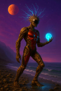 Ein baumartiges Wesen mit metallischem Brustpanzer steht am Strand unter einem violetten Himmel. In seiner Hand hält es eine leuchtend blaue Kugel, während von seinem Kopf elektrische Lichtadern sprühen. Im Hintergrund leuchtet ein roter Mond über dem Meer.