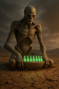 Ein gigantisches, steinernes Wesen kniet auf trockenem Wüstenboden und hält eine Platte mit sieben grün leuchtenden Figuren. Der Himmel ist düster und bedrohlich, als ob ein Sturm bevorsteht. Die Szene wirkt wie ein uraltes Ritual, eingefroren in der Zeit.