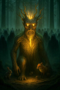 Eine riesige Baumgestalt mit leuchtenden Augen kniet auf dem Waldboden, umgeben von Kaninchen, Füchsen und kleinen Waldwesen. Im Hintergrund stehen schattenhafte, vermummte Gestalten zwischen den Bäumen. Das warme Licht der Baumkreatur kontrastiert die düstere Umgebung.