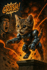 Eine kleine Katze mit metallischem Exoskelett springt aus einer Explosion, während ein Comic-Charakter erschrocken „CRASH!“ ruft. Funken und Trümmer fliegen durch die Luft, was der Szene eine dynamische, fast humorvolle Energie verleiht. Die Mischung aus Niedlichkeit und Action ist absurd-komisch.