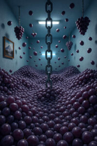 Ein fensterloser Raum ist gefüllt mit Tausenden schwebender und liegender Trauben, die wie eine Welle den Boden bedecken. Eine schwere Metallkette hängt von der Decke, und ein Gemälde an der Wand zeigt eine Berglandschaft. Das Bild wirkt wie ein Traum voller Symbolik.