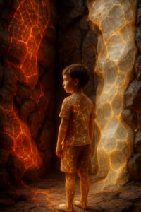 Ein Junge steht in einer Felskammer, deren Wände von roten und goldenen Lichtadern durchzogen sind. Sein Körper scheint von denselben Adern gezeichnet zu sein, als wäre er selbst Teil dieser Energie. Die Stimmung ist mystisch und fast prophetisch.
