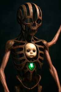 Ein skelettartiges, rostiges Wesen steht in der Dunkelheit, sein Brustkorb ist wie ein Käfig geformt. In der Mitte sitzt ein Puppenkopf mit großen Augen, unter ihm glüht ein grüner Edelstein in Herzform. Die unheimliche Kombination wirkt wie eine düstere Allegorie auf Geburt und Tod.