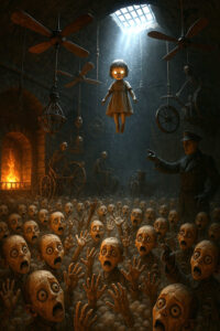 Eine unheimliche Halle voller entsetzter, kahlköpfiger Figuren blickt hinauf zu einem schwebenden, glühäugigen Kind. Im Hintergrund drehen sich bizarre Foltergeräte, ein Feuer lodert in einem Ofen. Die Szene wirkt wie ein Albtraum aus einer Hölle der Maschinen.