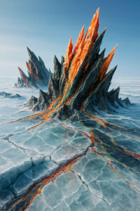 Schroffe Spitzen aus schwarzem und orange glühendem Gestein brechen aus einer eisigen Fläche hervor. Feine Risse im Eis wirken wie flüssiges Feuer, das unter der Oberfläche fließt. Der Kontrast von Hitze und Kälte lässt die Landschaft wie einen urzeitlichen Ort wirken.