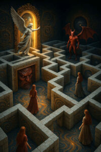 Mehrere Frauen in roten Kleidern wandern durch ein steinernes Labyrinth. Ein Engel weist den Weg zu einem leuchtenden Tor, während ein Dämon mit Flügeln den anderen Ausgang blockiert. Das Bild symbolisiert Entscheidung und Schicksal.