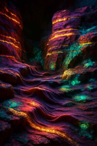 Eine Felslandschaft glüht in Violett, Türkis und Gold, als wären magische Minerale in die Wände eingewoben. Die gestuften Formationen wirken wie ein Pfad hinauf in die Dunkelheit. Das Licht scheint aus der Erde selbst zu kommen, mystisch und verlockend.