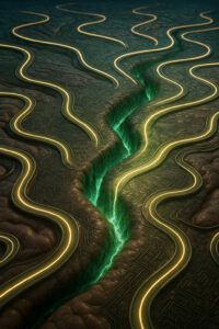 Goldene, glühende Linien winden sich wie Nervenbahnen über eine organische Oberfläche, die an ein Gehirn erinnert. In der Mitte klafft eine tiefe, grün schimmernde Spalte, die wie ein geheimer Abgrund wirkt. Die Szene wirkt zugleich technisch und lebendig.