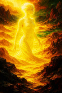 Eine leuchtende, weibliche, nackte Gestalt schreitet durch eine Landschaft aus fließendem, goldgelbem Licht. Die Umgebung ist von dramatischen, dunklen Felsen eingerahmt. Die Figur strahlt wie eine Sonne und dominiert die Szene.