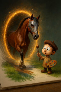 Ein kleiner Junge mit Malerpalette schaut erstaunt, als ein Pferd aus einem Gemälde in die Realität tritt. Ein leuchtender Kreis umgibt das Tier, als würde es aus einem Portal hervortreten. Das Bild strahlt spielerische Fantasie und kindliches Staunen aus.