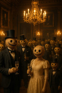 In einem prunkvollen Ballsaal stehen elegante Gestalten in Anzug und Abendkleid, ihre Köpfe sind grinsende Kürbisse. Sie halten Champagnergläser, als sei dies die normalste Feier der Welt. Der goldene Kronleuchter und die Ölgemälde verleihen der Szene einen makaber-festlichen Glanz.