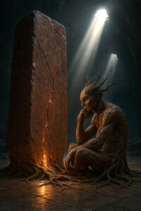 Eine humanoide Baumgestalt sitzt nachdenklich vor einem gespaltenen Monolithen, aus dessen Riss warmes Licht strömt. Die Wurzeln der Figur und des Steins scheinen miteinander verbunden zu sein. Sanfte Lichtstrahlen fallen von oben herab und tauchen die Szene in eine meditative Stille.