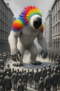 Ein gigantisches Wesen mit leuchtend bunten Federn erhebt sich inmitten einer grauen, gleichförmigen Menschenmenge. Die Stadt um es herum ist in tristen Tönen gehalten, wodurch das bunte Fell des Wesens noch greller wirkt. Es steht als Symbol für Anderssein und Unangepasstheit.