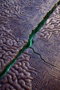 Eine Oberfläche, die an ein Gehirn erinnert, ist von einer tiefen, leuchtend grünen Kluft durchzogen. Feine Schaltkreismuster liegen über der Struktur, als ob biologische und digitale Intelligenz eins werden.