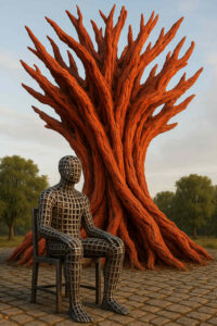 Eine figurative Skulptur aus Gittermetall sitzt auf einem Stuhl vor einem riesigen, feuerrot verzweigten Baum. Die Szene wirkt ruhig und zugleich geheimnisvoll, als wäre sie Teil eines Rituals. Die gepflasterten Steine unterstreichen die stille, fast sakrale Stimmung des Bildes.