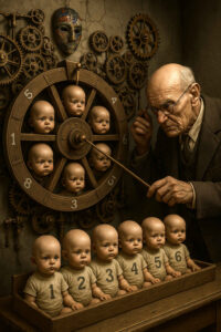 Ein alter Mann dreht an einem hölzernen Rad, in dem Babygesichter wie Spielfelder angeordnet sind. Vor ihm sitzen sechs durchnummerierte Kleinkinder in einer Reihe, während Zahnräder an der Wand die Maschinerie vervollständigen. Die Szene wirkt makaber und symbolisch für Schicksal oder Auswahl.