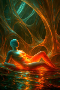 Eine glatte, humanoide Figur liegt entspannt in einer leuchtenden, organisch wirkenden Umgebung aus rot-orangen und türkisfarbenen Fäden. Die Szene wirkt wie ein Traum zwischen Biologie und Kosmos.