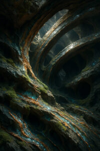 Eine gewundene Felsenformation durchzieht eine geheimnisvolle Höhle, überzogen von Moos und glitzernden Mineraladern. Das Licht fällt sanft von oben ein und legt goldene Akzente auf die Strukturen. Die Szene wirkt wie eine Kathedrale aus Stein, in der die Natur ihre eigene Musik spielt.