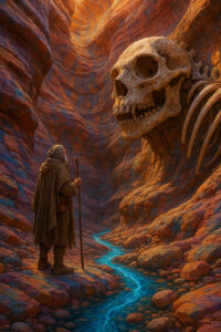 Ein einsamer Wanderer steht in einer schmalen, von warmem Licht durchfluteten Schlucht. Vor ihm liegt der riesige Schädel eines urzeitlichen Wesens, halb im Fels verankert. Ein leuchtender Wasserlauf führt den Blick in die Tiefe der Szene und verstärkt die mystische Stimmung.