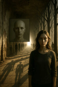 Eine junge Frau steht am Rand eines verlassenen, von Bäumen gesäumten Korridors, während lange Schatten über den Boden wandern. Ein geisterhaftes Porträt eines kahlen Gesichts schwebt über ihr, wie eine Erinnerung. Die Szene wirkt still, zeitlos und unheimlich.