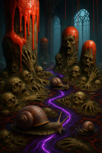 Eine albtraumhafte Szene in einer Kathedrale voller Totenschädel und schreiender Gesichter, die aus dem Boden wachsen. Blutrote Masse tropft von den Säulen, während riesige Schnecken auf einem violett leuchtenden Pfad entlangkriechen. Eine unheimliche Stille liegt in der Luft.