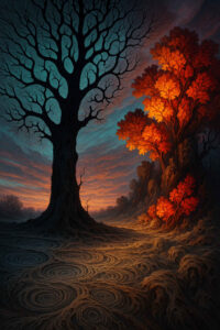 Ein düsterer, kahler Baum steht links, während rechts leuchtend rote Herbstbäume brennen wie Feuer. Der Himmel glüht im Sonnenuntergang, der Boden ist mit geheimnisvollen Kreismustern überzogen. Die Szene wirkt wie ein Übergang zwischen zwei Welten.