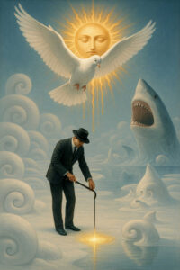 Ein Mann im Anzug steht auf einer Wolkenfläche und berührt mit seinem Stock einen goldenen Lichtpunkt. Über ihm schwebt eine strahlende Sonne in Gestalt eines Gesichts, begleitet von einer weißen Taube. Im Hintergrund ragt ein Hai aus den Wolken, als bedrohliches Gegengewicht zum friedlichen Motiv.