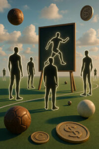 Silhouetten von Menschen stehen vor einer Tafel, auf der eine leuchtende Figur in Bewegung dargestellt ist. Um sie herum schweben Bälle und Münzen in der Luft, was dem Bild eine surreale Dynamik verleiht. Die Szenerie erinnert an ein Spiel, bei dem Regeln und Bedeutung unklar sind.