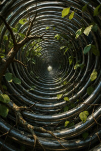 Ein scheinbar endloser Tunnel aus metallischen Ringen führt den Blick in die Ferne, wo Licht den Ausgang erahnen lässt. Junge Zweige und Blätter winden sich durch die Struktur, als hätte die Natur begonnen, sie zurückzuerobern. Das Zusammenspiel aus kaltem Metall und grünem Leben erzeugt eine friedliche Spannung.