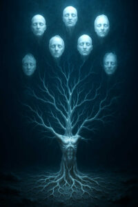 Ein weißer Baum mit knorrigen Wurzeln, dessen Äste menschliche Gesichter tragen. Sie schweben wie in Träumen, gefangen in einem ewigen Dämmerzustand.