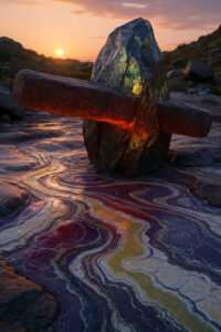 In einer felsigen Landschaft steht ein großer Stein, durch den ein glühender Stab gesteckt ist. Das Licht der untergehenden Sonne spiegelt sich auf einem schimmernden, farbig gemusterten Boden. Die Szene wirkt wie ein ritueller Ort voller Geheimnisse.