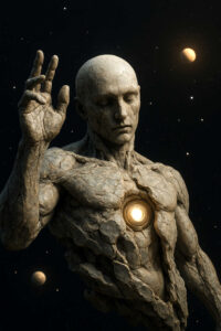 Eine monumentale humanoide Statue aus rissigem Stein steht vor einem Sternenhimmel. In ihrer Brust leuchtet eine goldene Kugel wie ein inneres Licht, die Hand erhoben in einer ruhigen, segnenden Geste.
