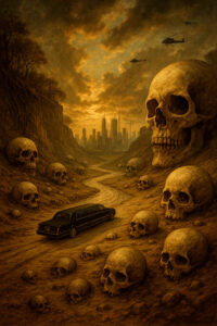 Eine schwarze Limousine fährt durch eine Schlucht voller riesiger, verwitterter Schädel in Richtung einer fernen Stadt. Über der Szenerie kreisen Hubschrauber, während der Himmel in düsteres Orange getaucht ist. Es wirkt wie eine apokalyptische Vision von Macht und Vergänglichkeit.