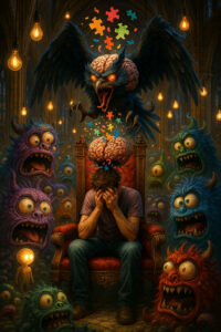 Ein Mann sitzt verzweifelt auf einem Thron, während bunte Puzzleteile aus seinem offenen Kopf wirbeln. Bedrohliche Kreaturen und ein riesiger, hirnförmiger Vogel umkreisen ihn, als ob seine inneren Dämonen zum Leben erwacht sind. Glühbirnen hängen von der Decke und beleuchten die surreale Szene.